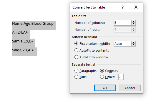 how to convert text to table in word 2013