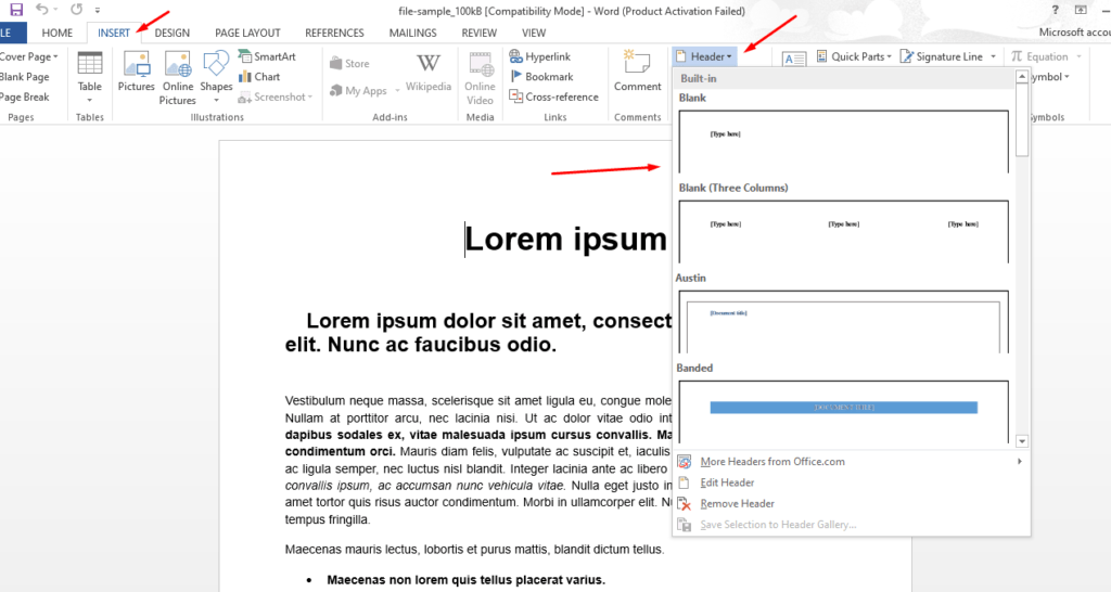 add header and footer in word 2016