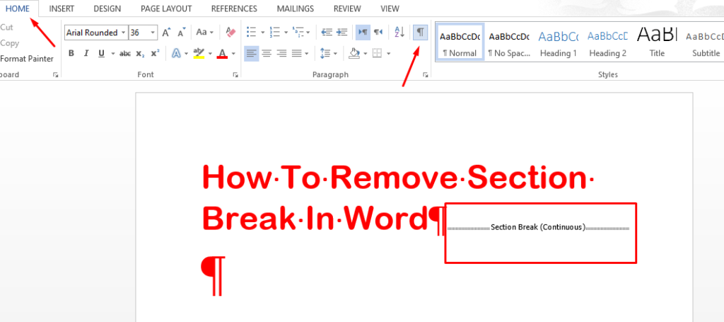 how to remove section break in word